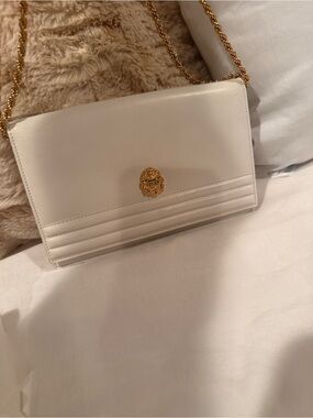 Celine White Leather Crossbody with Gold Chain and Medallion